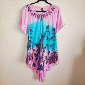 Sunflower Purple Blue Tye Dye Floral Swim Beach Cover Up Resort Vacation Summer